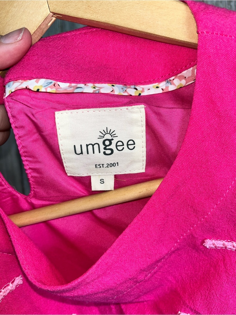 Umgee Pink Embroidered Dress S Puff Sleeve Floral Boho Cottagecore Mini Dress - Picture 5 of 5